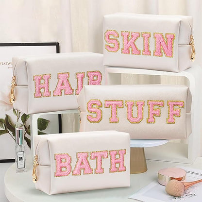 CY2SIDE STUFF Letter Makeup Bag - 4PCS Pink Stuff Hair Bath Skin Chenille Letter Patch Cosmetic Bag Preppy PU Leather Patch Pouch Waterproof Portable Zipper Travel Organizer Xmas Gifts for Women Girls