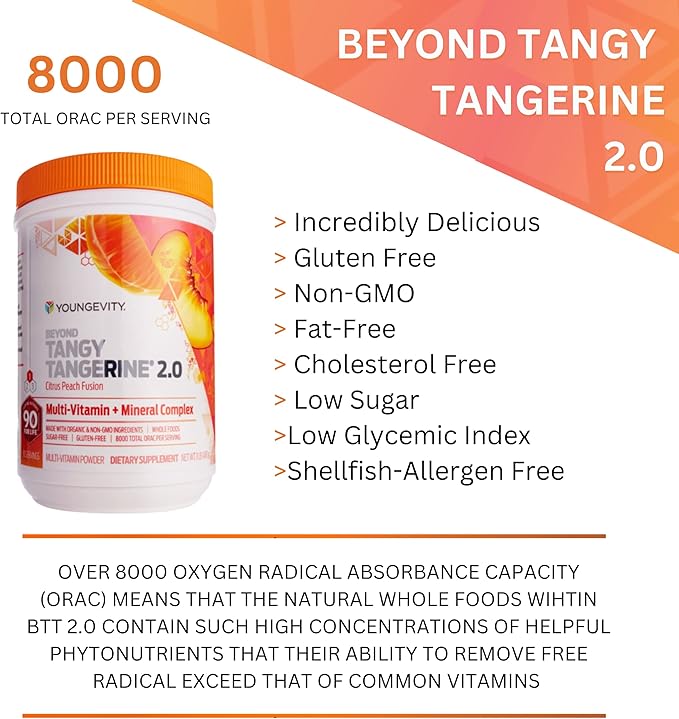 Youngevity Beyond Tangy Tangerine 2.0 Citrus Peach Ultimate Multi-Vitamin & Mineral Complex - Made with Natural & Whole Foods | 8,000 ORAC | 2 Canisters
