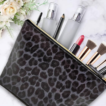 Vegan Leather Black Leopard Print Makeup Bag for Purse Make Up Bag - Cute Travel Accessories Small Cosmetic Zipper Pouch - Girly Girl Stuff Black Cheetah Print Gifts for Women Girls Aesthetic Things