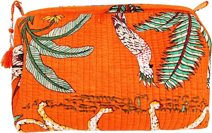 Rastogi Handicrafts Cosmetic Bags Set, 3 Piece Make Up Organizer Bag Storage Bags with Zipper Closure (3, Orange, Design-3)