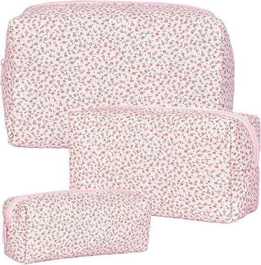 Quilted Makeup Bag Set,Large Floral Cosmetic Pouch For Women,Cute Cotton Brushes Storage Travel Toiletry Organizer Bags(Pink Floral)