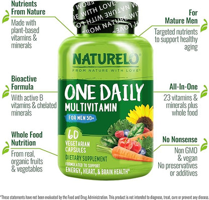 NATURELO Mens Multivitamins for Men 50+ - One Daily Multivitamin for Men with Vitamins, Minerals & Organic Whole Foods Non-GMO, 60 Vegetarian Capsules