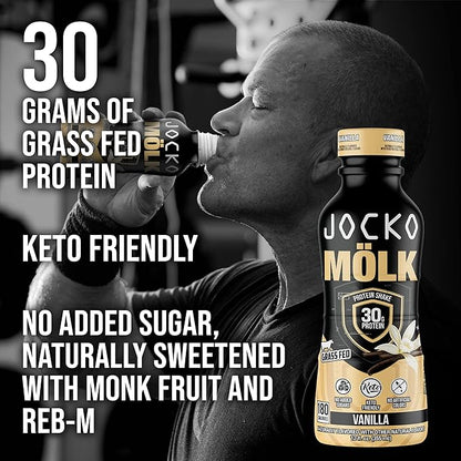 Jocko Mölk 30g Grass Fed Protein Shakes – No Added Sugar Protein Drinks KETO Friendly - Ready to Drink 12 FL Oz (Pack of 12) Vanilla