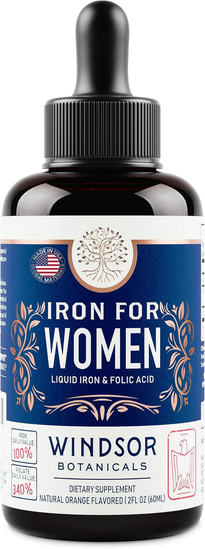 WINDSOR BOTANICALS Liquid Iron Supplements for Anemia - Folic Acid, Vitamin C, Vegan Iron Blood Builder and Anemia Supplement - 2 oz Orange Flavor Gentle Iron Drops for Women