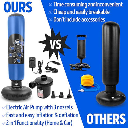 THB Punching Bag for Kids - Inflatable Punching Bag Stand with Boxing Gloves for Kids Age 3-8, 63” Ninja Boxing Bag with Electric Air Pump to Practice Taekwondo, Karate, MMA, Bouncing Back Boxing Set