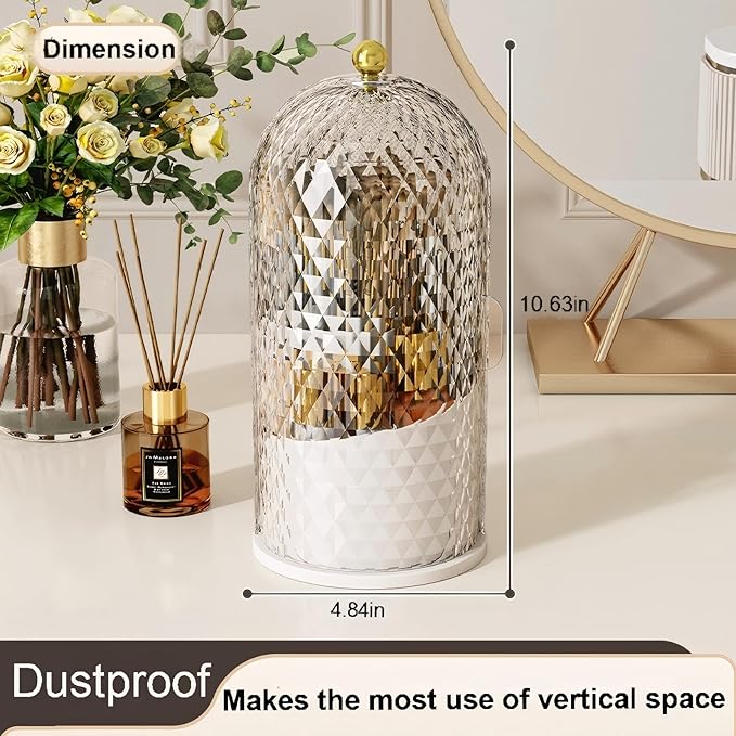 Makeup Brush Holder with Lid，Makeup Brush Storage Box with Diamond Pattern，360 Rotating Waterproof and Dustproof Beauty Brushes Storage for Vanity Bathroom,White