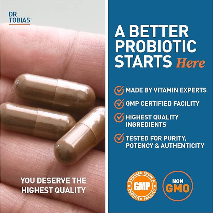 Dr. Tobias Probiotics 30 Billion, 10 Strains, 30 Billion CFU's, Targeted Release Probiotics for Digestive Health, Shelf-Stable Probiotics for Women & Men, Non-GMO, 60 Capsules, 60 Servings