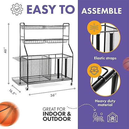 HOME IT Garage Sports Equipment Organizer - Garage Ball Storage Rack Organizer Holder with Baskets, Rolling Wheels & Breaks - Large Capacity Heavy Duty Steel Ball Storage Cart