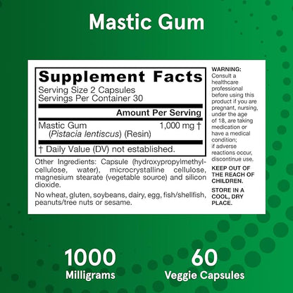 Jarrow Formulas Mastic Gum 1000 mg, Dietary Supplement for Gastrointestinal Health Support, 60 Veggie Capsules, 30 Day Supply