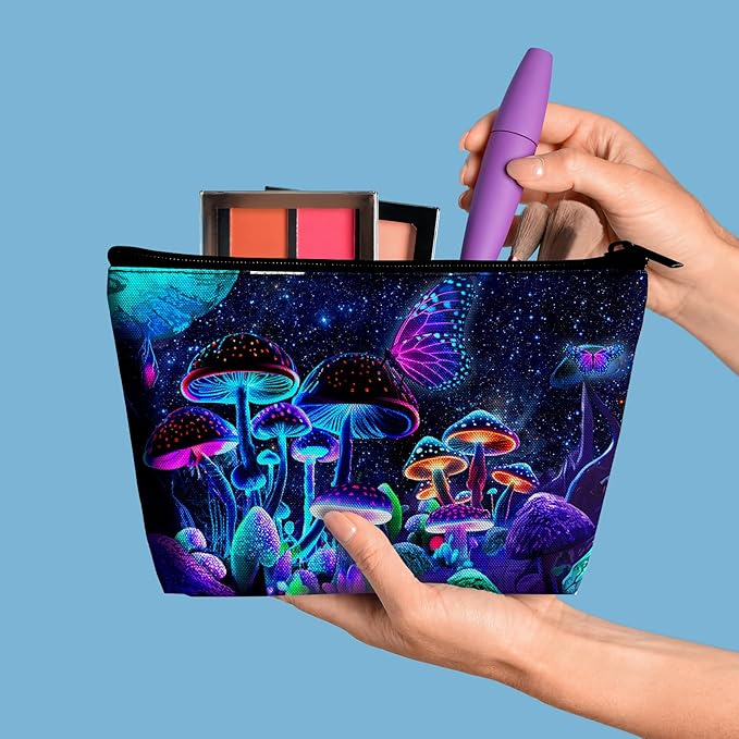 Women's Mushrooms Travel Makeup Bag Colorful Cosmetic Pouch Make Up Bags for Teens Girls Big Capacity Cosmetic Bags for Purse