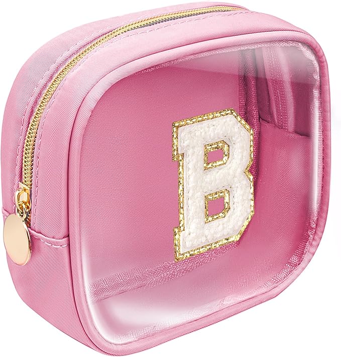 LETGO Mini Initial Makeup Bag | Preppy Makeup Bag | Clear Makeup Bag | Travel Essentials Gifts for Women Teen Girlfriend Teacher Brithday Gifts | Clear Toiletry Bag Small Mini Cosmetic Bag (Pink, B)