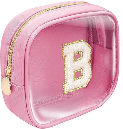 LETGO Mini Initial Makeup Bag | Preppy Makeup Bag | Clear Makeup Bag | Travel Essentials Gifts for Women Teen Girlfriend Teacher Brithday Gifts | Clear Toiletry Bag Small Mini Cosmetic Bag (Pink, B)