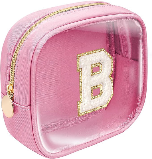 LETGO Mini Initial Makeup Bag | Preppy Makeup Bag | Clear Makeup Bag | Travel Essentials Gifts for Women Teen Girlfriend Teacher Brithday Gifts | Clear Toiletry Bag Small Mini Cosmetic Bag (Pink, B)