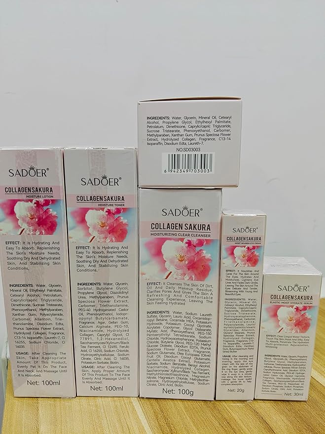 Sakura Skin Care Set, Cherry Blossom Skincare Set for Teen Girls, Hydrate & Repair Skin, 6 Pcs Individually Packaged Collagen Skin Care Kits with Cleanser, Toner, Lotion, Serum, Cream & Eye Cream