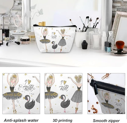 Cute Makeup Bag for Purse, Ballerina with Black Swan Cosmetic Bag for Women, Travel Toiletry Funny Zipper Pouch Gift 9.5×5.9 Inch