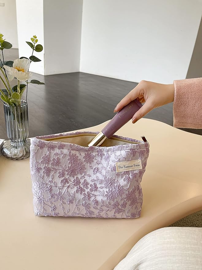 The Summer Swan | Floral Cosmetic Bag｜Large Aesthetic Personal Item Bag | Preppy Travel Makeup Pouch | Skincare Bag (Embroidery Light Purple)