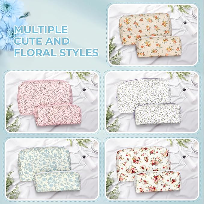 Quilted Makeup Bag Set,Large Floral Cosmetic Pouch For Women,Cute Cotton Brushes Storage Travel Toiletry Organizer Bags(Blue Plum Blossom)