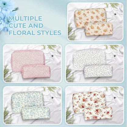 Quilted Makeup Bag Set,Large Floral Cosmetic Pouch For Women,Cute Cotton Brushes Storage Travel Toiletry Organizer Bags(Blue Plum Blossom)