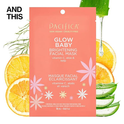 Pacifica Glow Baby Complete Skincare Set – 6 Piece Vitamin C Brightening Collection (Face Wash, Peel Pads, Booster Serum, Moisturizer, Eye Cream, Sheet Mask), 100% Vegan