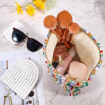 Makeup Bag Travel Large Cosmetic Bag for Women Cute Knit Makeup Pouch Zipper Cosmetic Pouch for Purse Aesthetic Colored Makeup Organizer Bag Portable Toiletry Bag Trendy Stuff