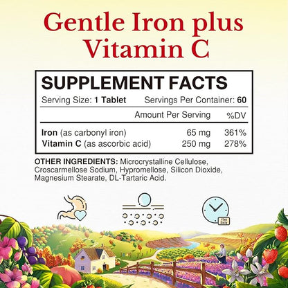 Vitalitown Iron Supplement for Women Men, Hign Potency 65mg Iron with Vitamin C 250mg, Less Constipating, Better for Blood Building & Energy Improvement, No Gluten, Non-GMO 60 Vegan Iron Pills