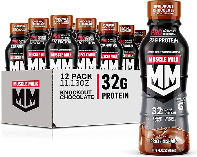 Muscle Milk Pro Series Chocolate Peanut Butter Protein Shake 40g Protein Pack of 12 & Pro Advanced Nutrition Knockout Chocolate Protein Shake 32g Protein Pack of 12