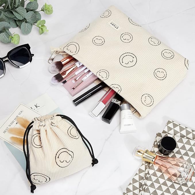 WLLWOO Makeup Bag-2pcs Smile Face Corduroy Cosmetic Bag Zipper Interior Waterproof Pencil Case Coin Purse Travel Toiletry Small Makeup Pouch For Women