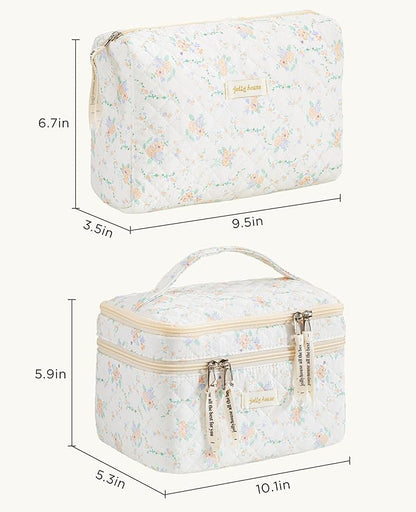 HBselect 2Pcs Travel Makeup Bag, Large Cotton Quilted Makeup Bag Cosmetic Bag Cute Make up Bag Toiletry Bags for Women Girls