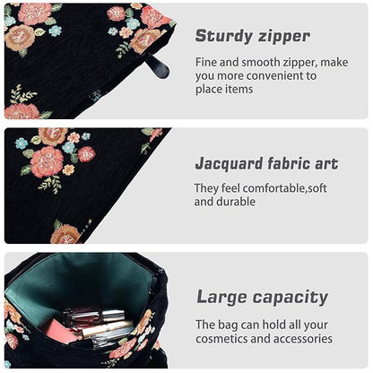 ZLFSRQ Makeup Bag Travel Cute Black Vintage Flower Floral Cosmetic Bags for Women Large Embroidery Toiletry Pouch Zipper Cosmetic Pouch for Purse Aesthetic Makeup Organizer Bag Portable Toiletry Bags
