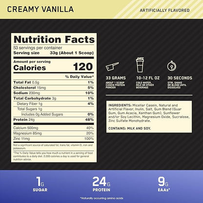 Optimum Nutrition Gold Standard 100% Micellar Casein Protein Powder, Slow Digesting, Helps Keep You Full, Overnight Muscle Recovery, Creamy Vanilla, 4 Pound (Packaging May Vary)