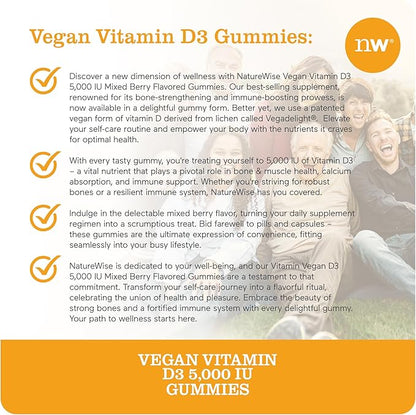 NatureWise Vitamin D3 5000 IU Gummies - Mixed Berry Flavor - Vegan D from Lichen, Pectin Based, Immune Support for Adults, Muscle & Bone Strength - Gluten Free, Non-GMO - 90 Count[45-Day Supply]