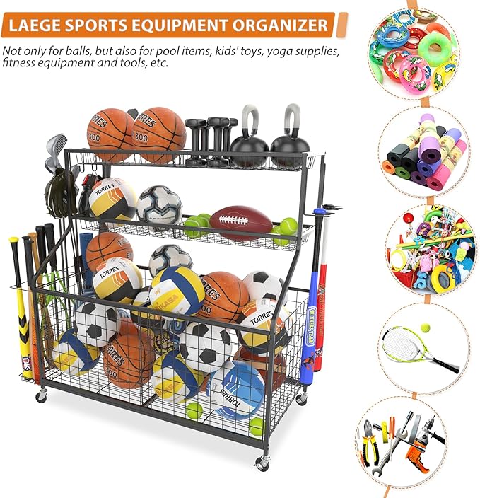 Gadroad Sports Equipment Organizer, Ball Rack, Gear & Ball Storage - Garage Organizer with Baskets, Hooks & Rolling Cart - Black