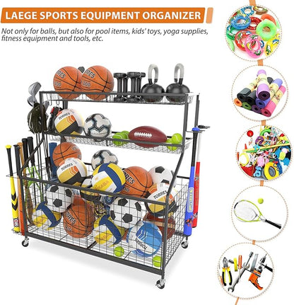 Gadroad Sports Equipment Organizer, Ball Rack, Gear & Ball Storage - Garage Organizer with Baskets, Hooks & Rolling Cart - Black