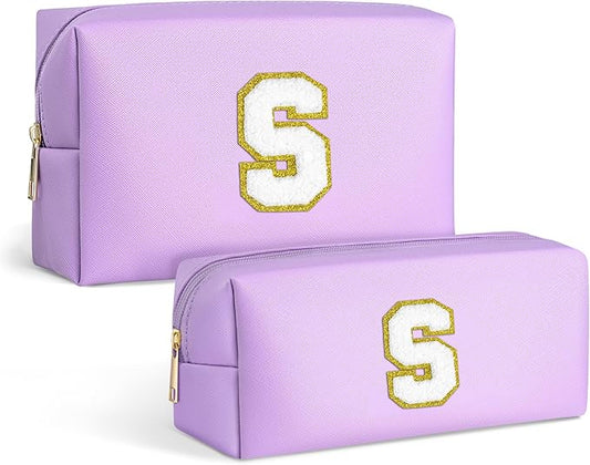 TOPEAST Preppy Initial Makeup Bag, 2 Pack Personalized Initial Letter Makeup Bag Set, Small Preppy PU Chenille Letter Zipper Cosmetic Pouch Travel Essentials Gift for Women Teen Girls, Purple S