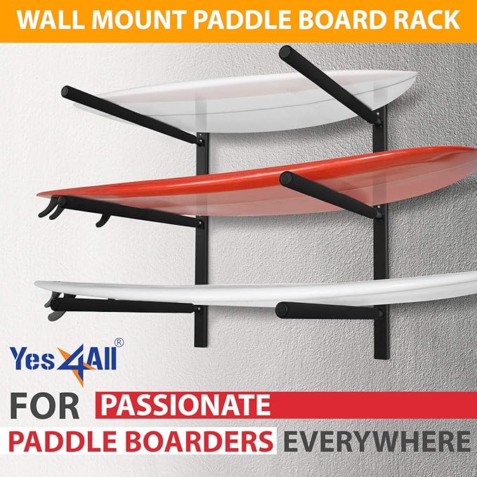 Yes4All Heavy Duty Steel Wall Mount Paddle Board Racks, Surfboard Holder, Suitable for Both Indoor and Outdoor Storage