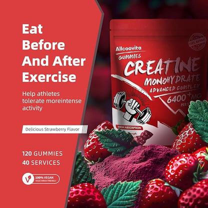 Creatine Monohydrate Gummies Complex 6400mg for Men & Women - 120 Gummies Advanced Formula, L-Taurine + Vitamin B12 for Muscle Strength, Muscle Builder, Energy Boost, Pre-Workout Supplement-Strawberry