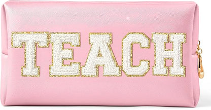 CY2SIDE TEACH Letter Makeup Bag - White TEACH Chenille Letter Patch Cosmetic Bag Pink PU Leather Patch Travel Pouch Waterproof Portable Zipper Travel Organizer for Teacher Appreciation Gifts Xams Gift