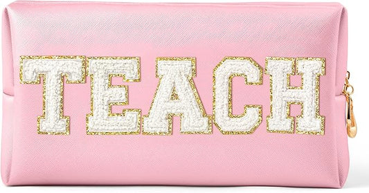 CY2SIDE TEACH Letter Makeup Bag - White TEACH Chenille Letter Patch Cosmetic Bag Pink PU Leather Patch Travel Pouch Waterproof Portable Zipper Travel Organizer for Teacher Appreciation Gifts Xams Gift