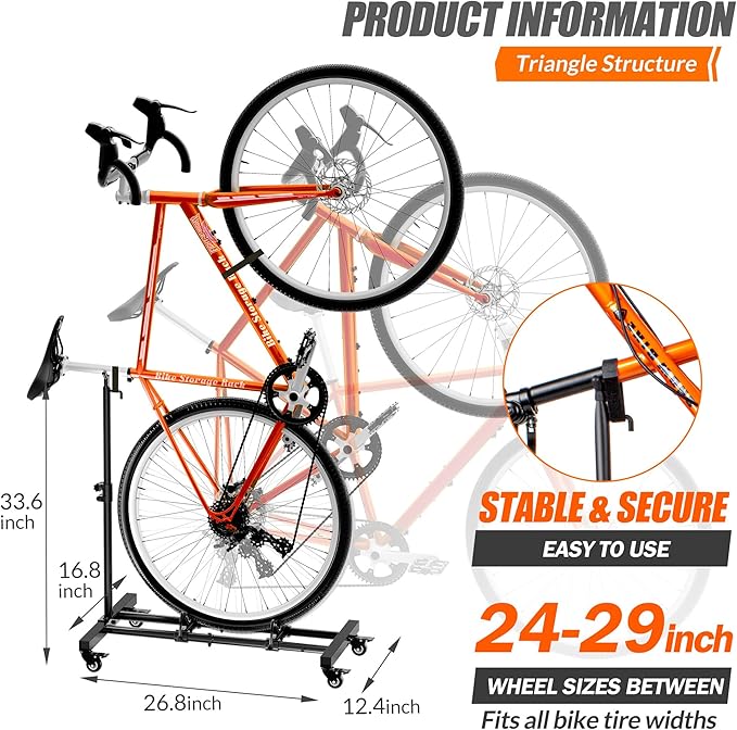 Vertical Bike Stand, Freestanding Indoor Bike Storage Rack Upright Bicycle Floor Stand Indoor Bike Holder with Adjustable Height for Garage & Apartment - for Wheels Sizes up to 29”