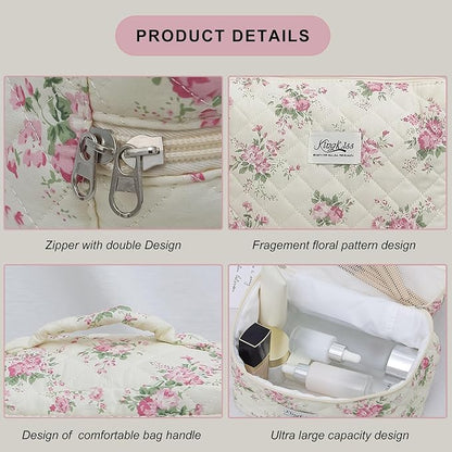kingkiss Makeup Bag, Quilted Cosmetic Bag, Large Capacity Make Up Bag for Women, Cute Floral Storage Toiletry Bag Travel Storage Makeup Bag (Pink Flower)