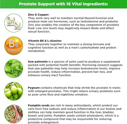Prostate Support Supplement for Men with Saw Palmetto, Pygeum Bark, Pumpkin Seed and Zinc, Urinary Tract Health and Hair Growth, DHT Blocker and Bladder Control, 120 Capsules