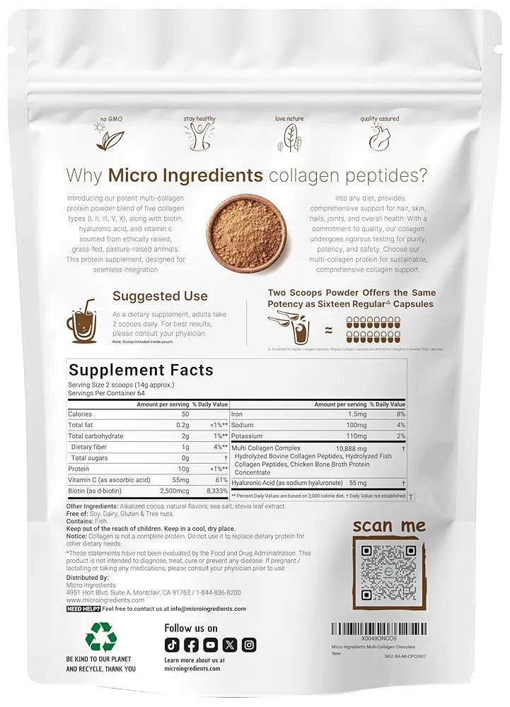 Micro Ingredients Multi Collagen Peptides Powder, 2lb | Type I, II, III, V, X + Biotin, Vitamin C & Hyaluronic Acid | Chocolate Flavor | Supports Hair, Skin & Joint Health | Keto, Non-GMO
