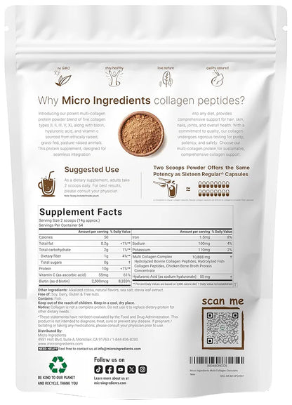 Micro Ingredients Multi Collagen Peptides Powder, 2lb | Type I, II, III, V, X + Biotin, Vitamin C & Hyaluronic Acid | Chocolate Flavor | Supports Hair, Skin & Joint Health | Keto, Non-GMO