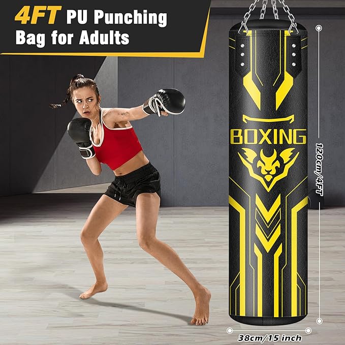 Hanging Punching Bag for Adults, 4ft PU Leather Heavy Boxing Bag Set, Hanging Bag Boxing Equipment for MMA Karate Kickboxing Boxing Home Gym