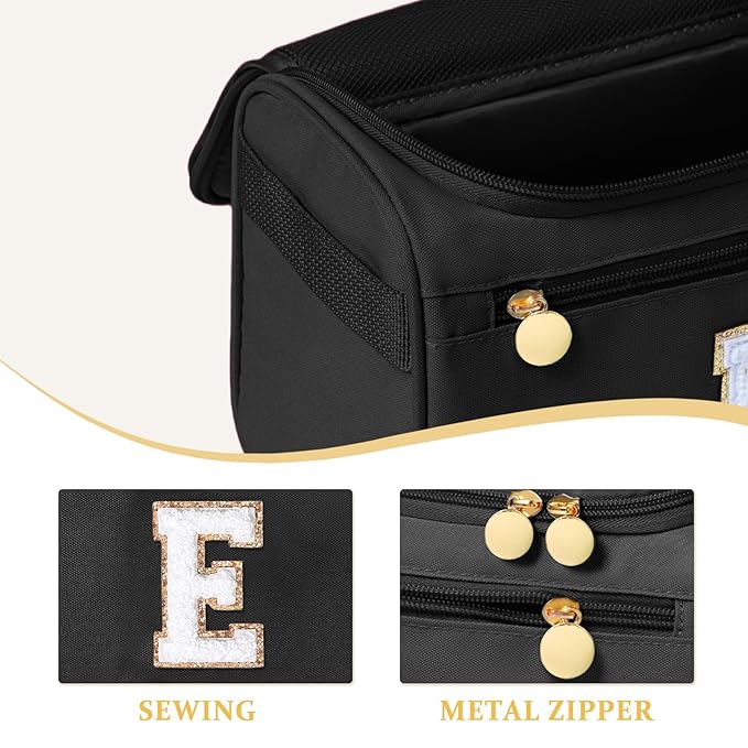 COSHAYSOO Practical Birthday Gifts for Woman Friend Sister Bestie 16 17 18 19 20 21 25 30 Year old, Initial Hanging Toiletry Bag Waterproof for Women Travel Skin Care Toiletries Black Letter E