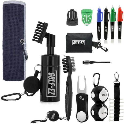 Golf Essentials Kit | Must Have Golf Accessories - Golf Water Brush, Golf Towel, Golf Club Brush, Golf Ball Marker, Divot Repair Tool, Golf Ball & Golf Tee Holder, Golf Gifts for Men
