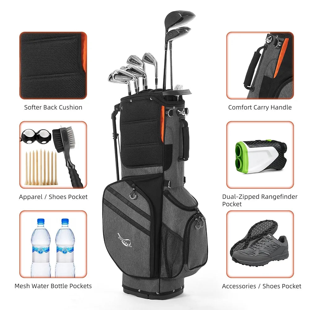 Golf Stand Bag 14 Way Top Dividers Full-Length with Stand, 7 Pockets, Lightweight Golf Bag for Men, Dual Strap, Rain Hood, Portable Golf Club Bag for Men Women