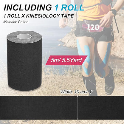 PATIKIL 5.5 Yard x 4 inch Kinesiology Tape, 1 Roll Adhesive Cotton Sports Muscle Support Tapes Waterproof Elastic Tape for Knee Ankle Wrist Shoulder, Black