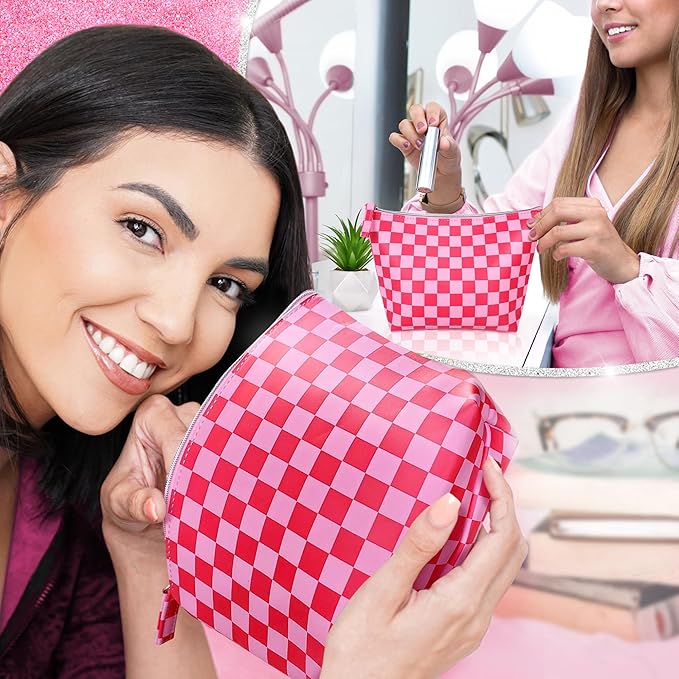 Vegan Leather Checkered Makeup Bag - Cute Girly Pink Cosmetic Bag Zipper Pouch Travel Toiletry Make Up Bag Accessories - Checker Gift for Best Friends Girls Women Mom Sister Christmas Gifts Stuff