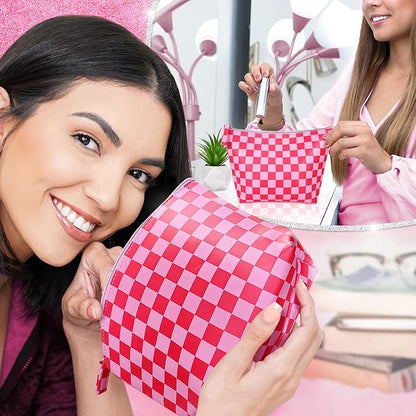 Vegan Leather Checkered Makeup Bag - Cute Girly Pink Cosmetic Bag Zipper Pouch Travel Toiletry Make Up Bag Accessories - Checker Gift for Best Friends Girls Women Mom Sister Christmas Gifts Stuff